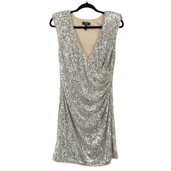 Aidan Mattox Faux Wrap Silver Sequin Ruched Cocktail Dress 12 Holiday Party NYE - Picture 12 of 12